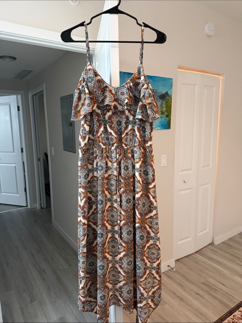Sleeveless Boho Maxi Dress in White, Brown & Navy